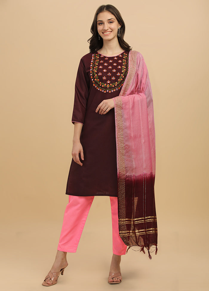 3 Pc Wine Readymade Cotton Suit Set - Indian Silk House Agencies