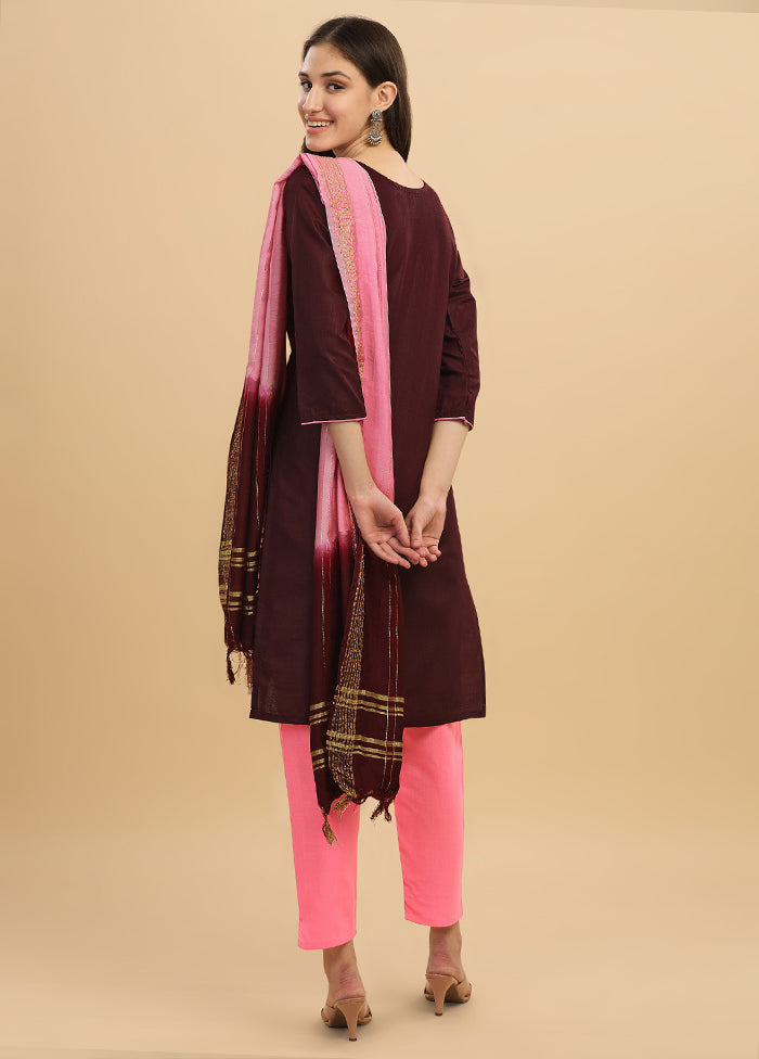 3 Pc Wine Readymade Cotton Suit Set - Indian Silk House Agencies