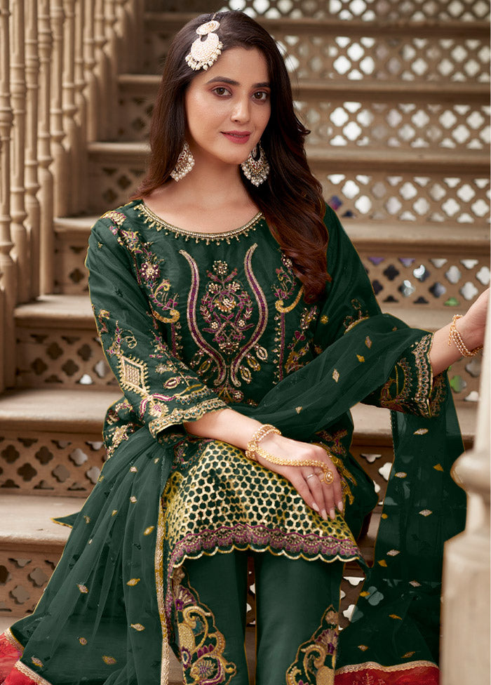 3 Pc Green Readymade Organza Suit Set - Indian Silk House Agencies