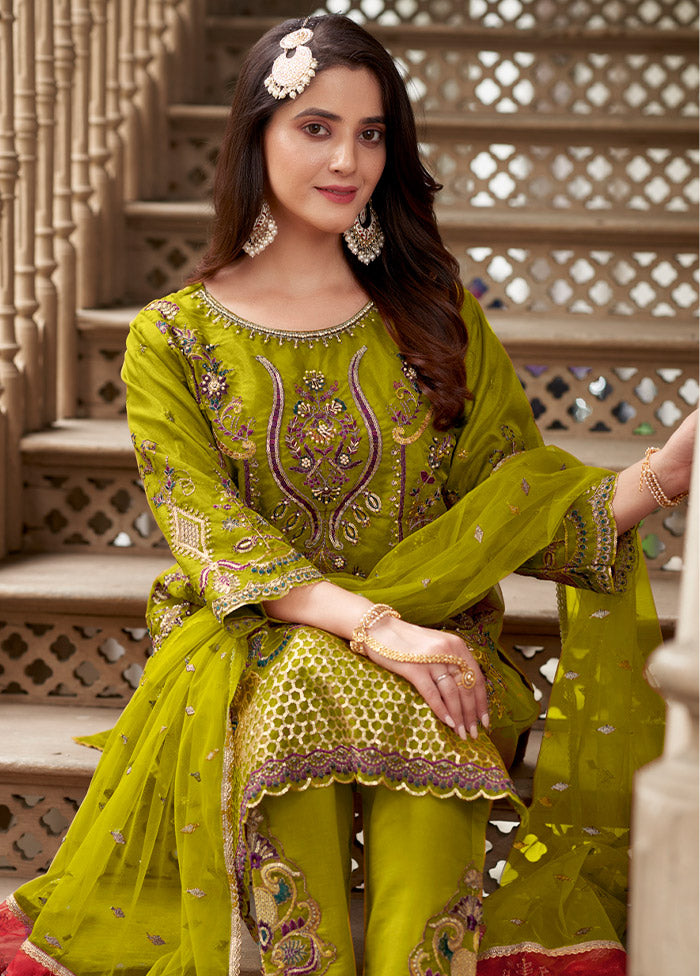 3 Pc Green Readymade Organza Suit Set - Indian Silk House Agencies