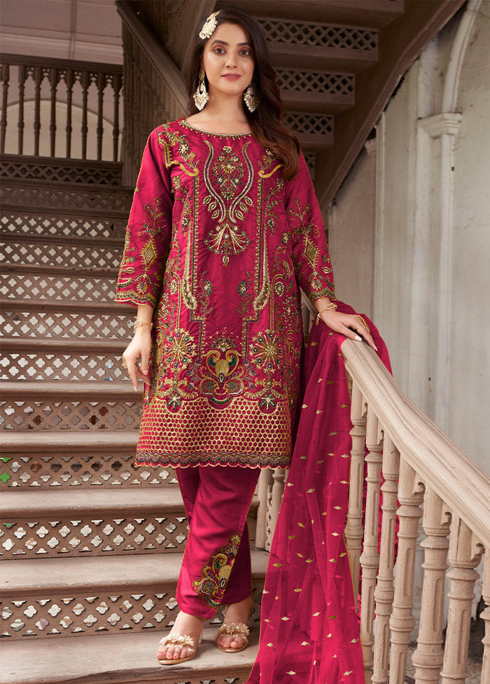 3 Pc Pink Readymade Organza Suit Set - Indian Silk House Agencies