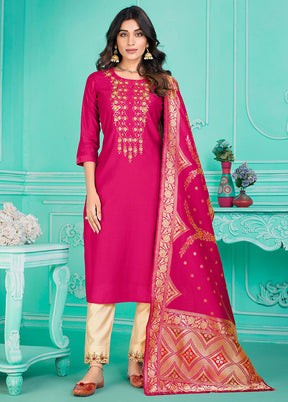 3 Pc Multicolor Semi Stitched Silk Suit Set - Indian Silk House Agencies