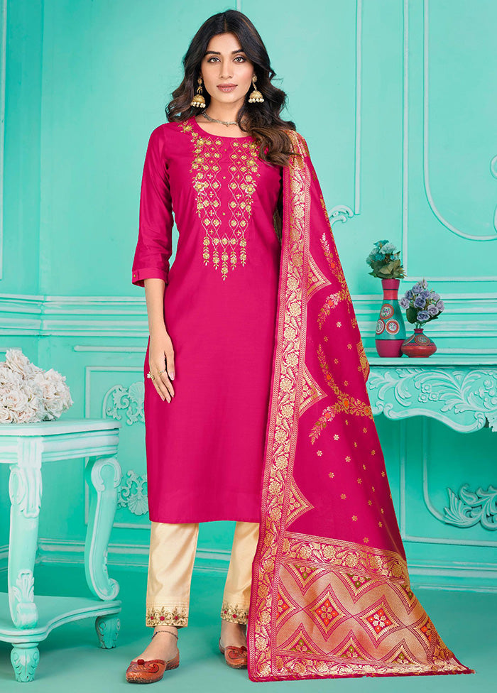 3 Pc Multicolor Semi Stitched Silk Suit Set - Indian Silk House Agencies