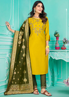 3 Pc Multicolor Semi Stitched Silk Suit Set - Indian Silk House Agencies