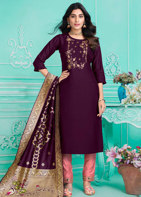 3 Pc Multicolor Semi Stitched Silk Suit Set - Indian Silk House Agencies