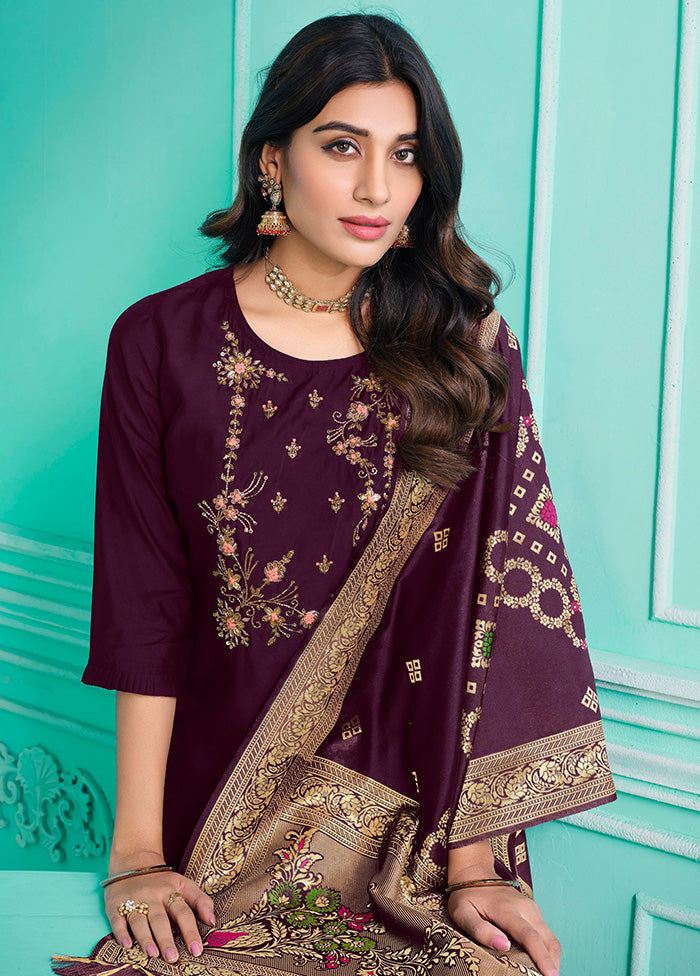 3 Pc Multicolor Semi Stitched Silk Suit Set - Indian Silk House Agencies