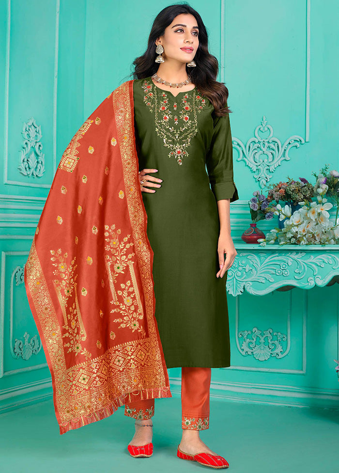 3 Pc Multicolor Semi Stitched Silk Suit Set - Indian Silk House Agencies