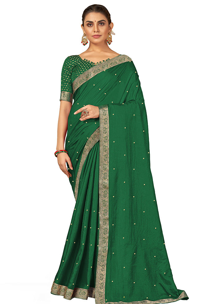 Green Spun Silk Embellished Saree With Blouse Piece - Indian Silk House Agencies