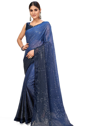 Blue Chiffon Silk Woven Saree With Blouse Piece - Indian Silk House Agencies