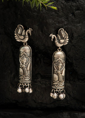 Peacock With Ghungroo Pattern Silver Tone Brass Earrings - Indian Silk House Agencies