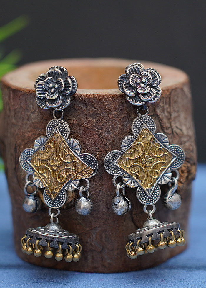 Flower Pattern Dual Tone Brass Earrings - Indian Silk House Agencies