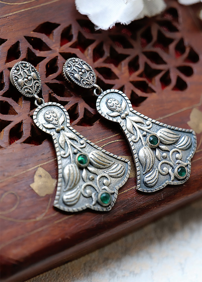 Green Handcrafted Silver Tone Brass Tribal Earrings - Indian Silk House Agencies