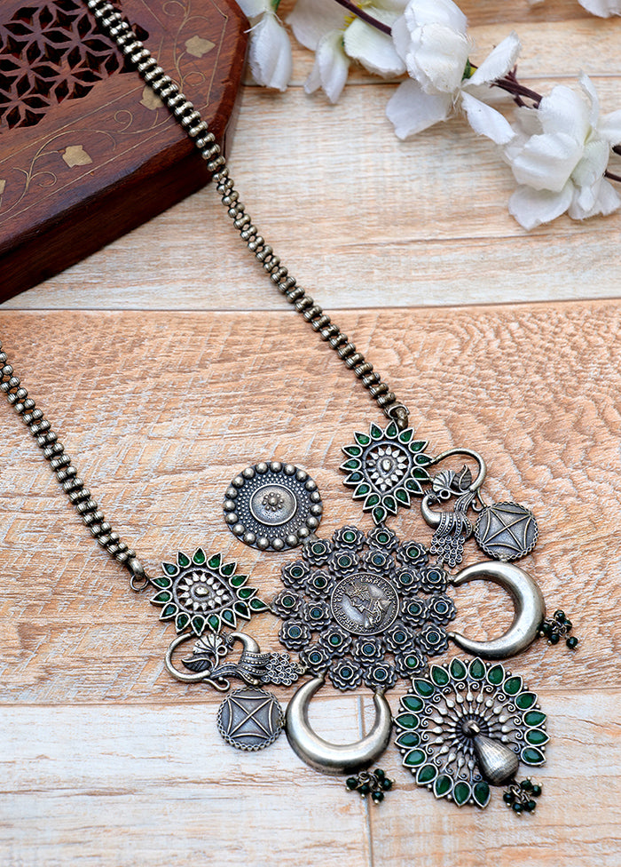 Green Handcrafted Silver Tone Brass Tribal Necklace - Indian Silk House Agencies