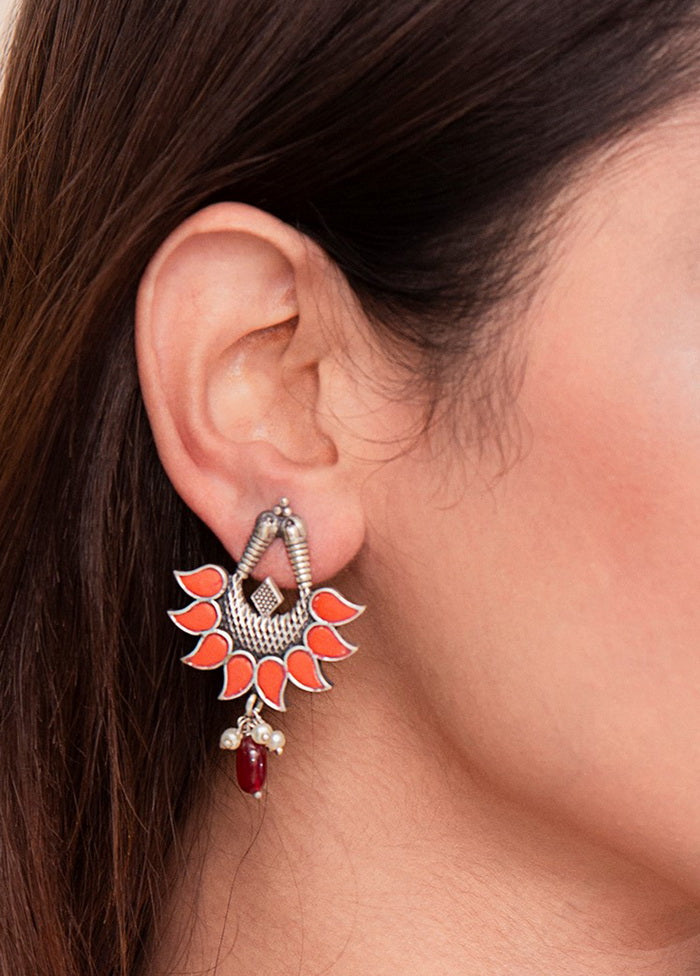 Orange And Red Silver Tone Brass Earrings - Indian Silk House Agencies