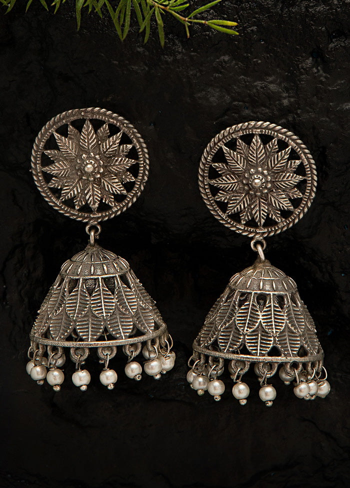 White Beads Style Silver Tone Brass Jhumka - Indian Silk House Agencies