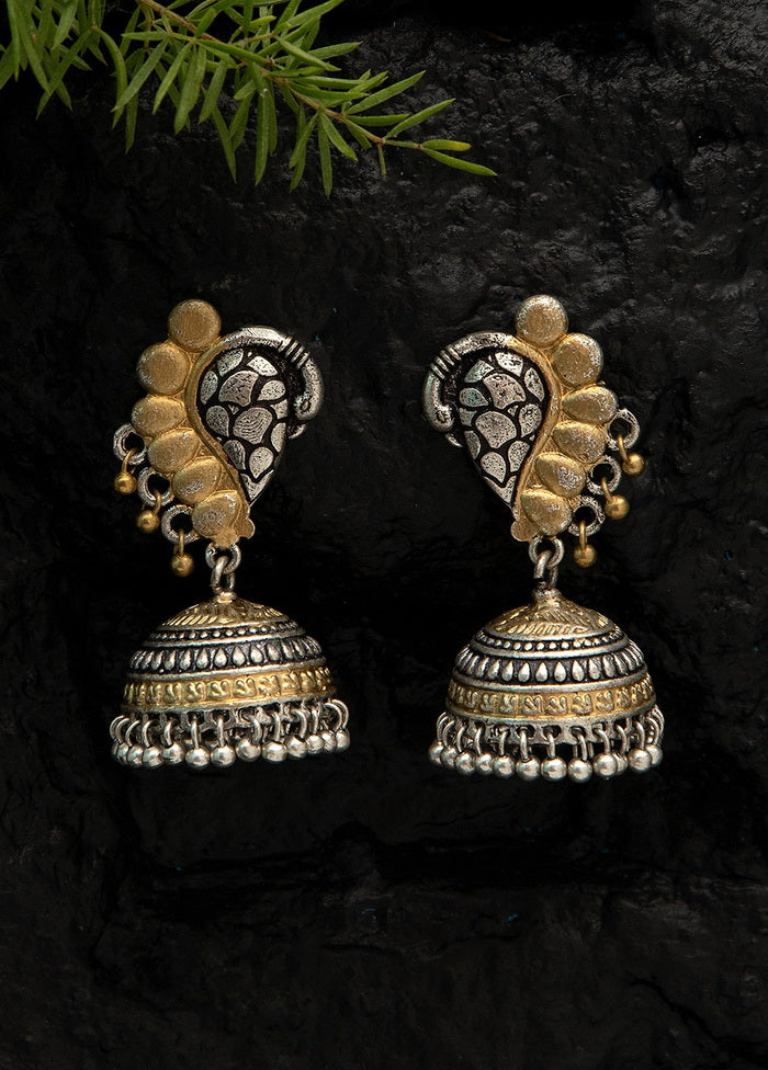 Peacock With Ghungroo Pattern Dual Tone Brass Earrings - Indian Silk House Agencies