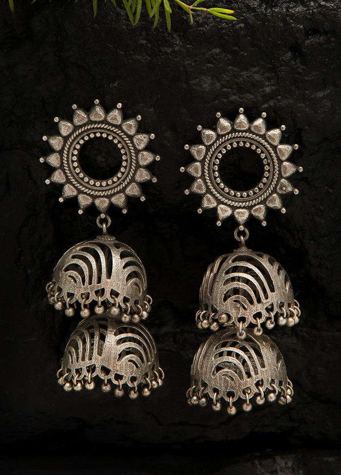 Double Pattern Silver Tone Brass Jhumka - Indian Silk House Agencies