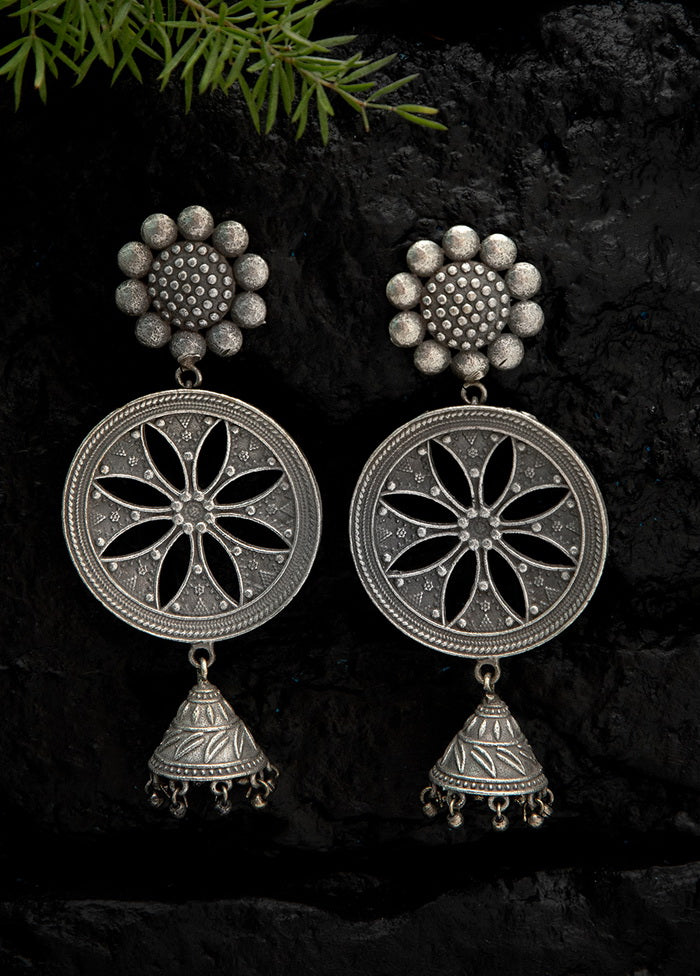 Round Shape With Leaf Pattern Silver Tone Brass Jhumka - Indian Silk House Agencies