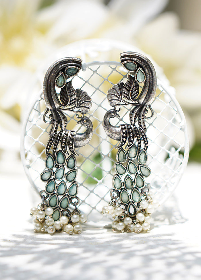 Peacock Shape Silver Tone Brass Earrings - Indian Silk House Agencies