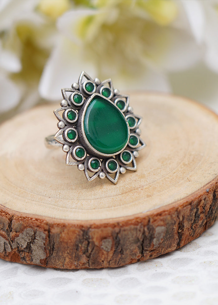Green Silver Tone Tribal Brass Adjustable Ring - Indian Silk House Agencies