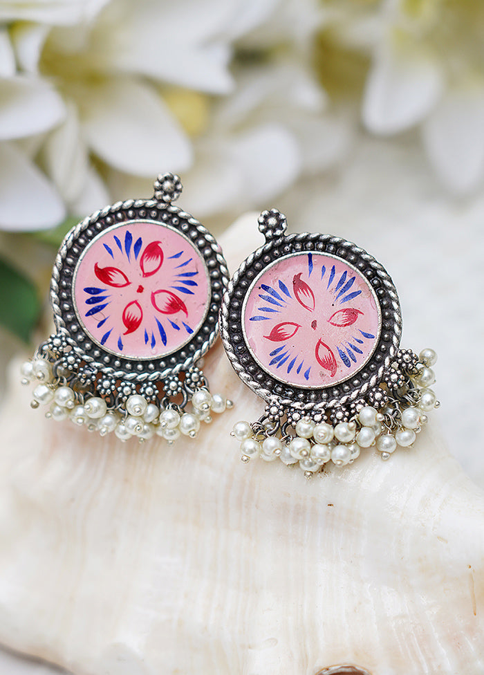 Pink Handcrafted Silver Tone Hand Painted Brass Earring - Indian Silk House Agencies