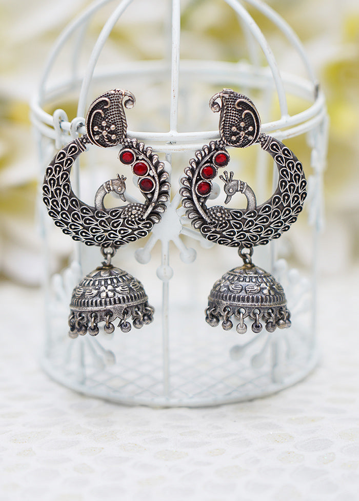 Red Handcrafted Silver Tone Brass Peacock Jhumki - Indian Silk House Agencies