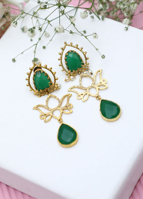 Green Matte Gold Handcrafted Brass Lotus Earrings - Indian Silk House Agencies
