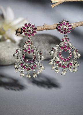 Red Silver Tone Brass Stud Earrings - Indian Silk House Agencies