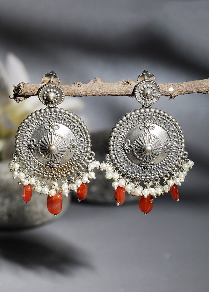 Red Silver Tone Handcrafted Brass Stud Earrings - Indian Silk House Agencies