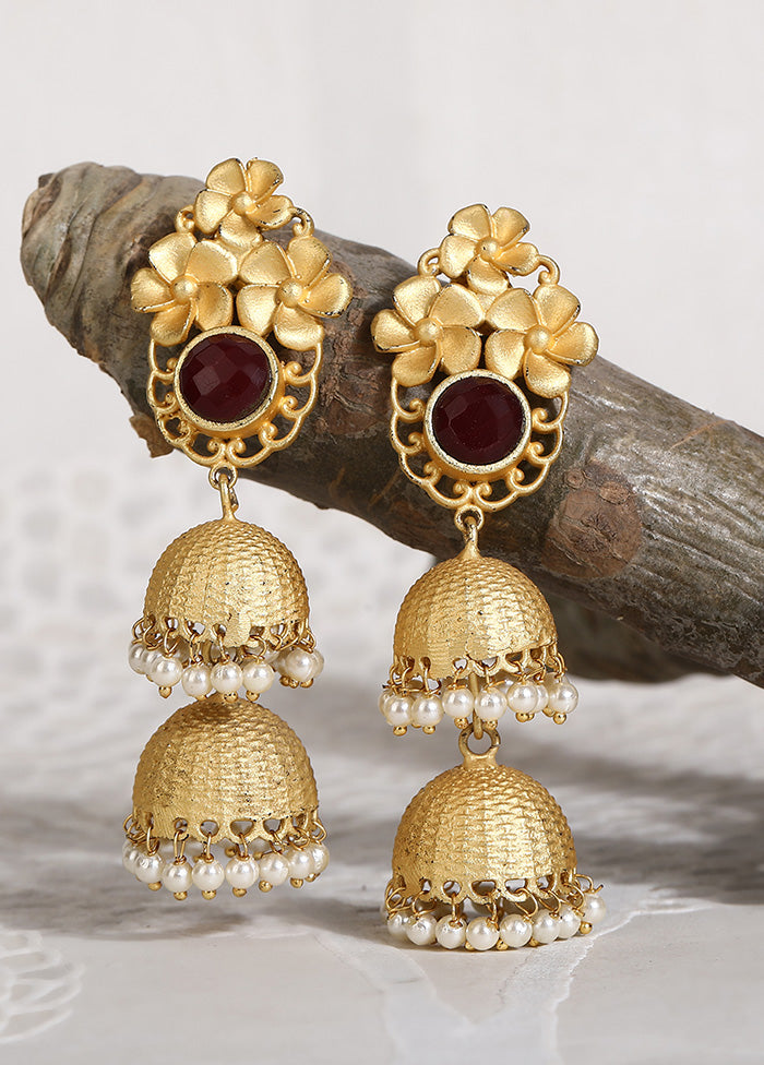 Red Stone Matte Gold Jhumka - Indian Silk House Agencies