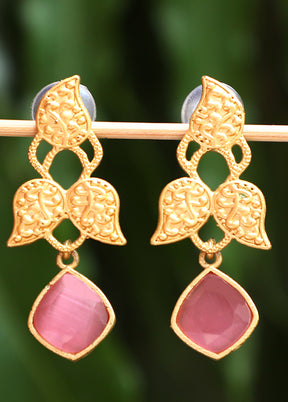 Pink Stone Matte Gold Earrings - Indian Silk House Agencies