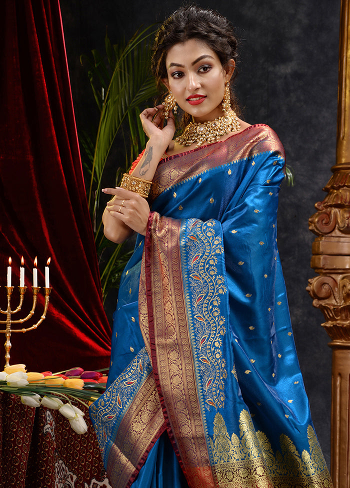 Blue Spun Silk Saree With Blouse Piece - Indian Silk House Agencies