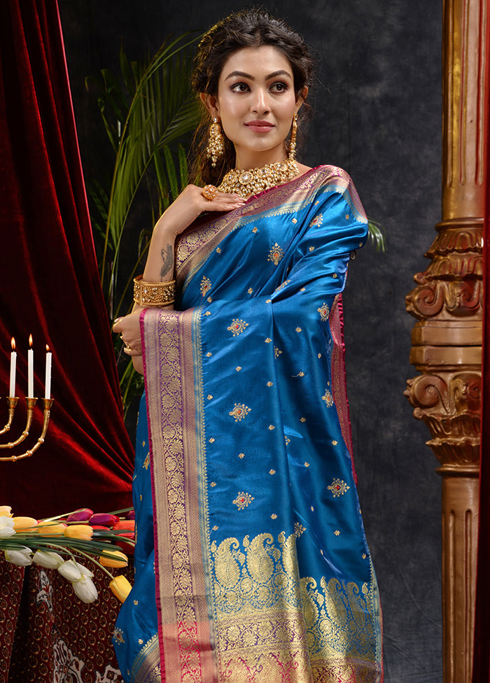 Blue Spun Silk Saree With Blouse Piece - Indian Silk House Agencies