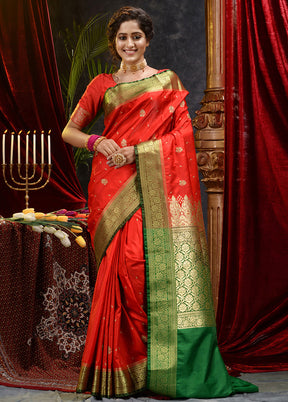 Red Spun Silk Saree With Blouse Piece - Indian Silk House Agencies