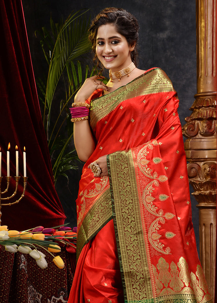 Red Spun Silk Saree With Blouse Piece - Indian Silk House Agencies