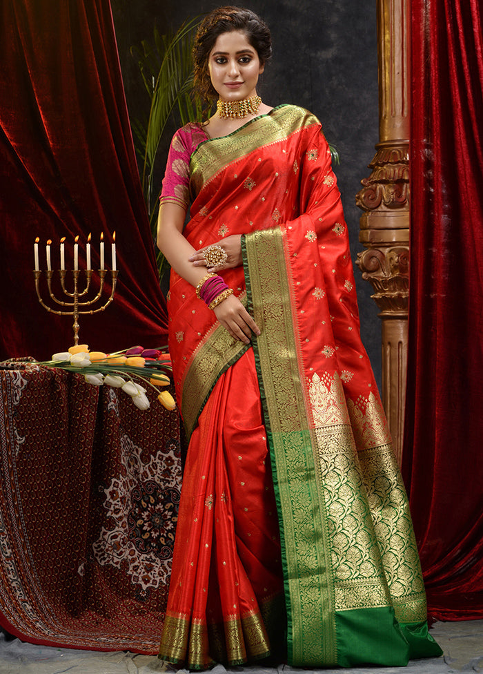 Red Spun Silk Saree With Blouse Piece - Indian Silk House Agencies