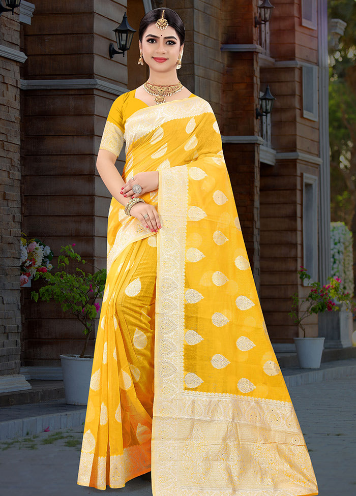 Yellow Cotton Swaroski Work Saree With Blouse Piece - Indian Silk House Agencies