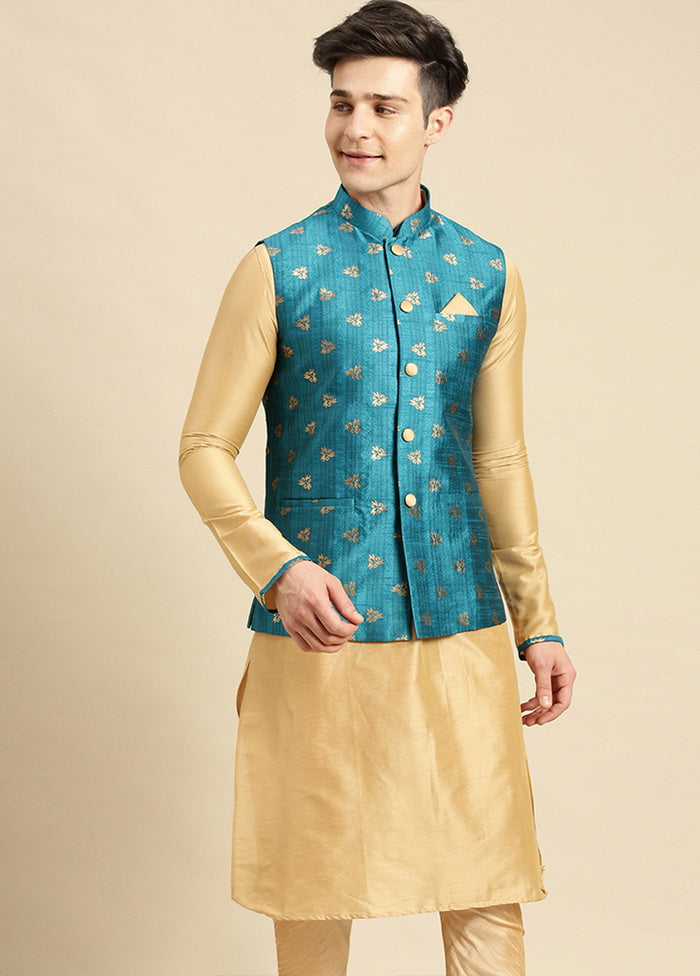 2 Pc Beige Silk Printed Kurta Jacket Set VDSAN210171 - Indian Silk House Agencies