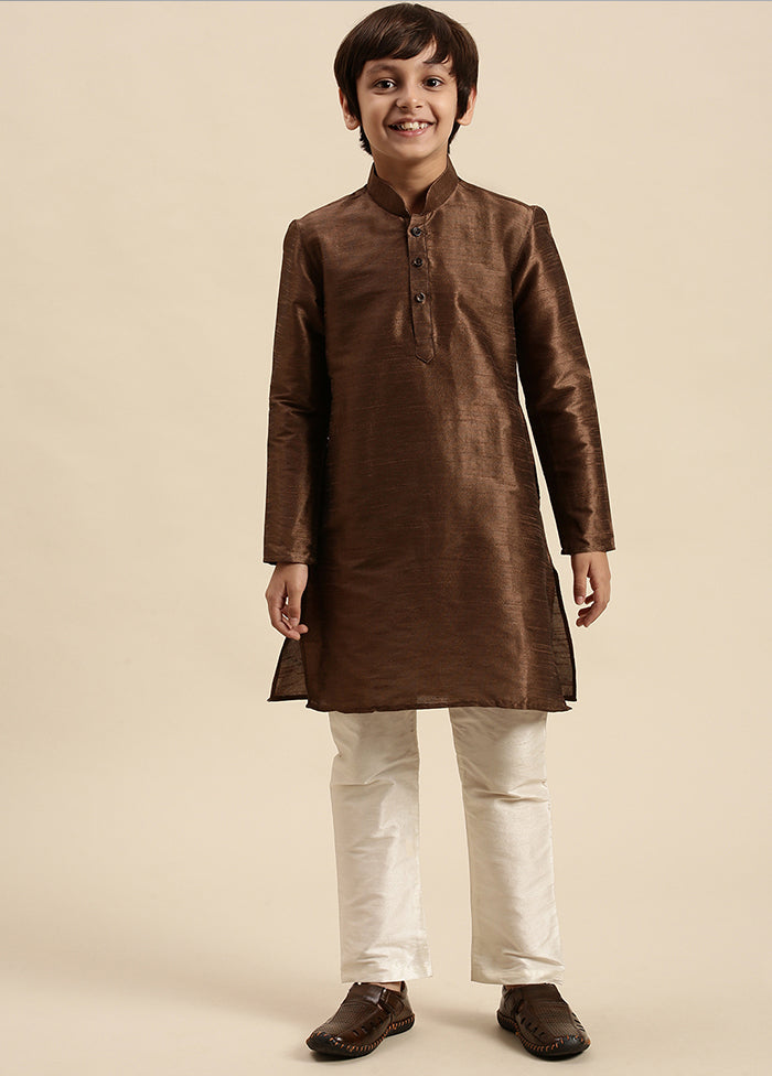 2 Pc Brown Silk Solid Kurta And Pajama Set - Indian Silk House Agencies