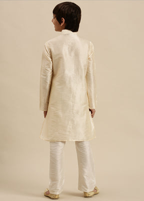 2 Pc Cream Silk Solid Kurta And Pajama Set - Indian Silk House Agencies