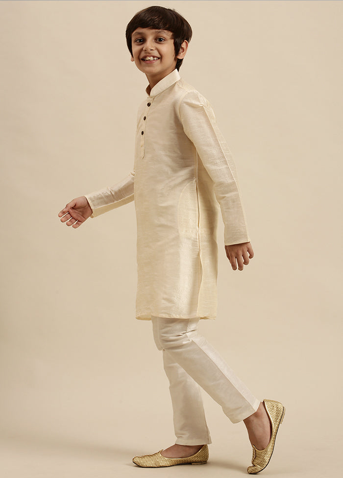 2 Pc Cream Silk Solid Kurta And Pajama Set - Indian Silk House Agencies