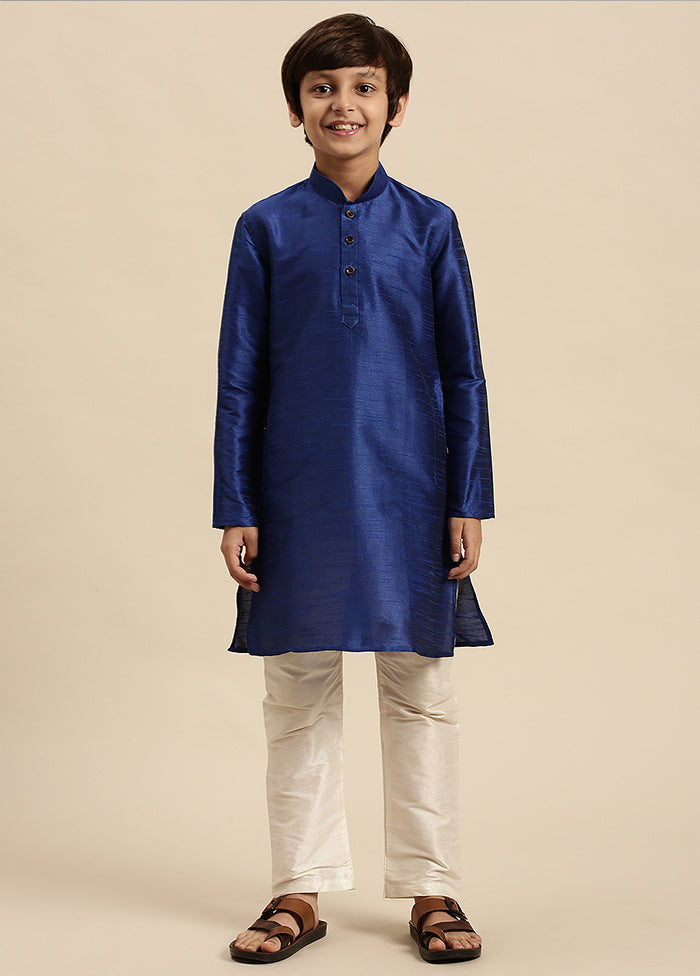 2 Pc Blue Silk Solid Kurta And Pajama Set - Indian Silk House Agencies