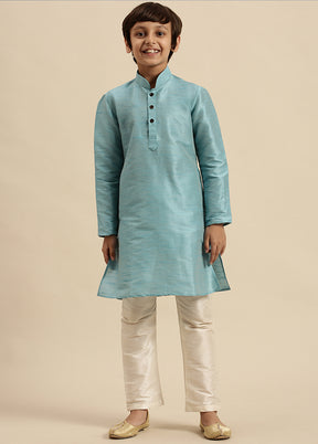 2 Pc Blue Silk Solid Kurta And Pajama Set - Indian Silk House Agencies