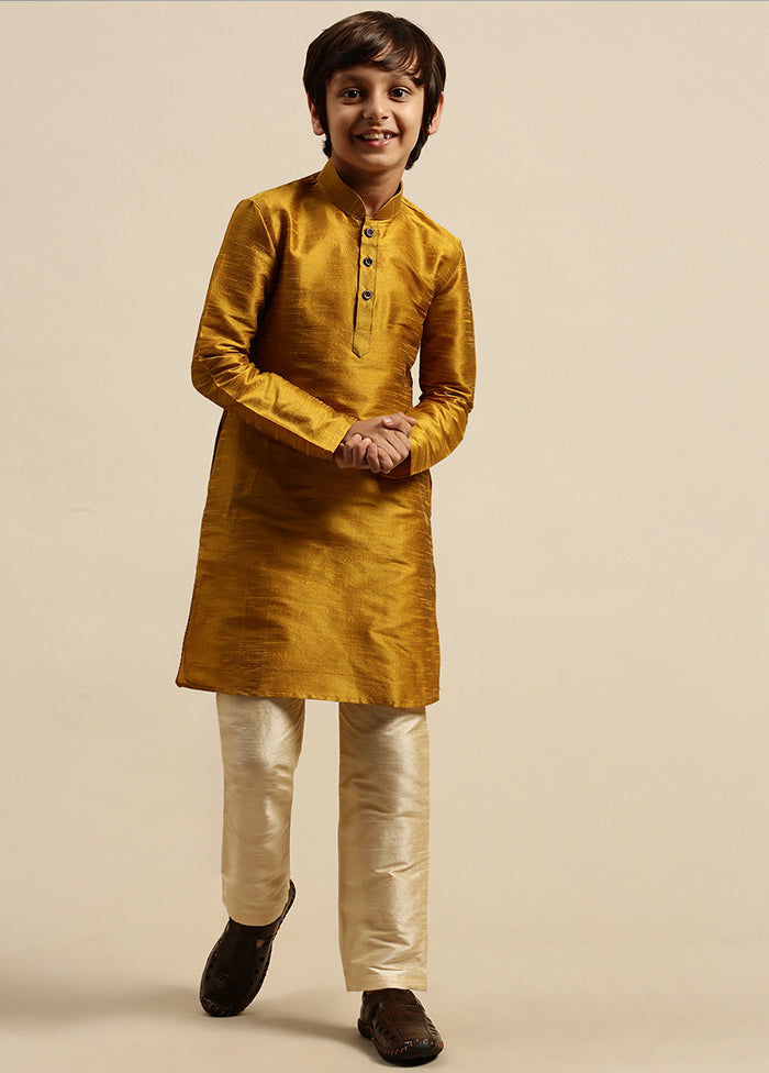 2 Pc Golden Silk Solid Kurta And Pajama Set - Indian Silk House Agencies