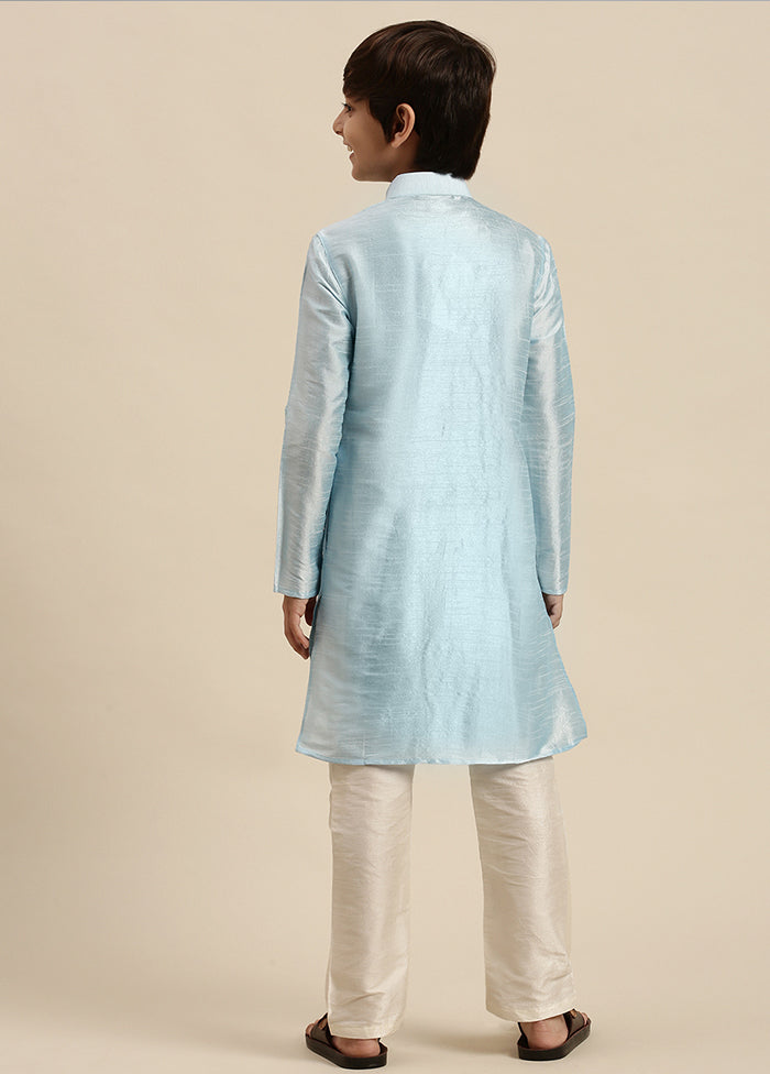 2 Pc Blue Silk Solid Kurta And Pajama Set - Indian Silk House Agencies