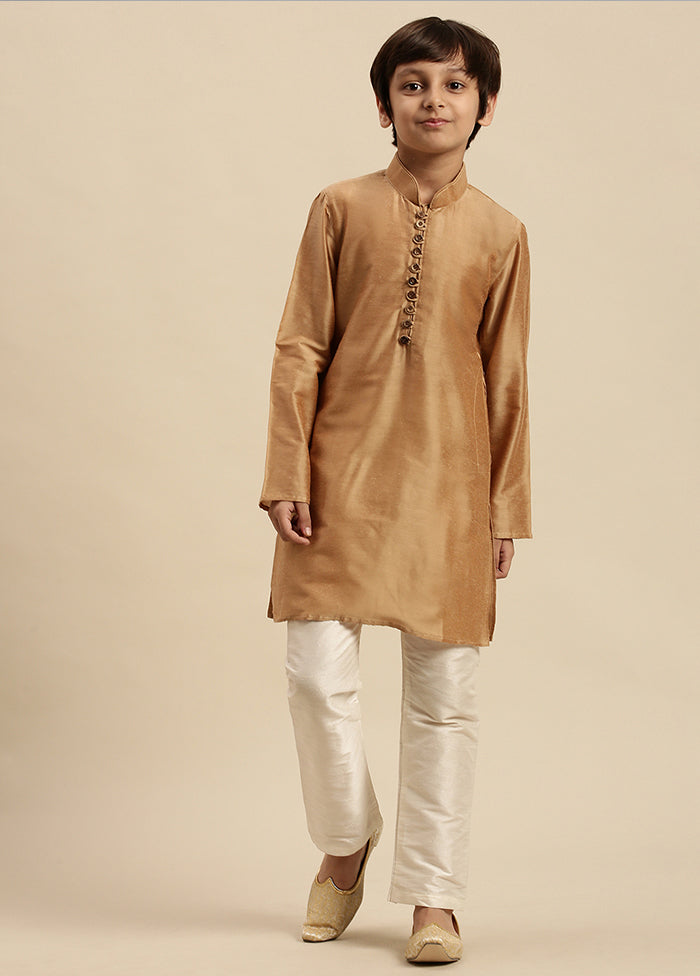 2 Pc Beige Silk Solid Kurta And Pajama Set - Indian Silk House Agencies