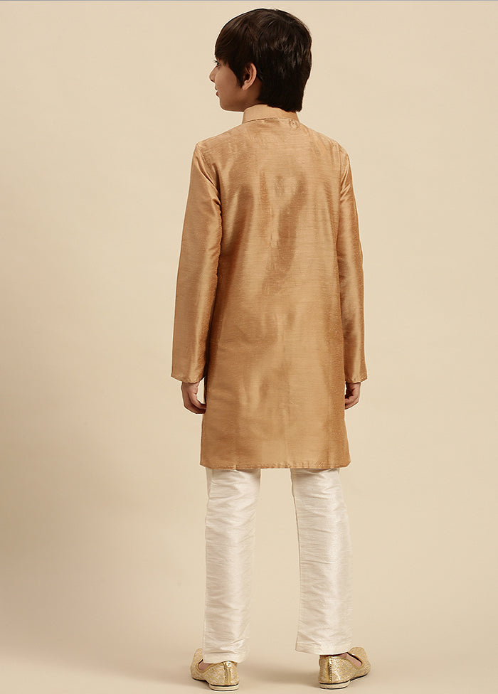 2 Pc Beige Silk Solid Kurta And Pajama Set - Indian Silk House Agencies