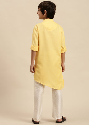 2 Pc Yellow Cotton Solid Kurta And Pajama Set - Indian Silk House Agencies