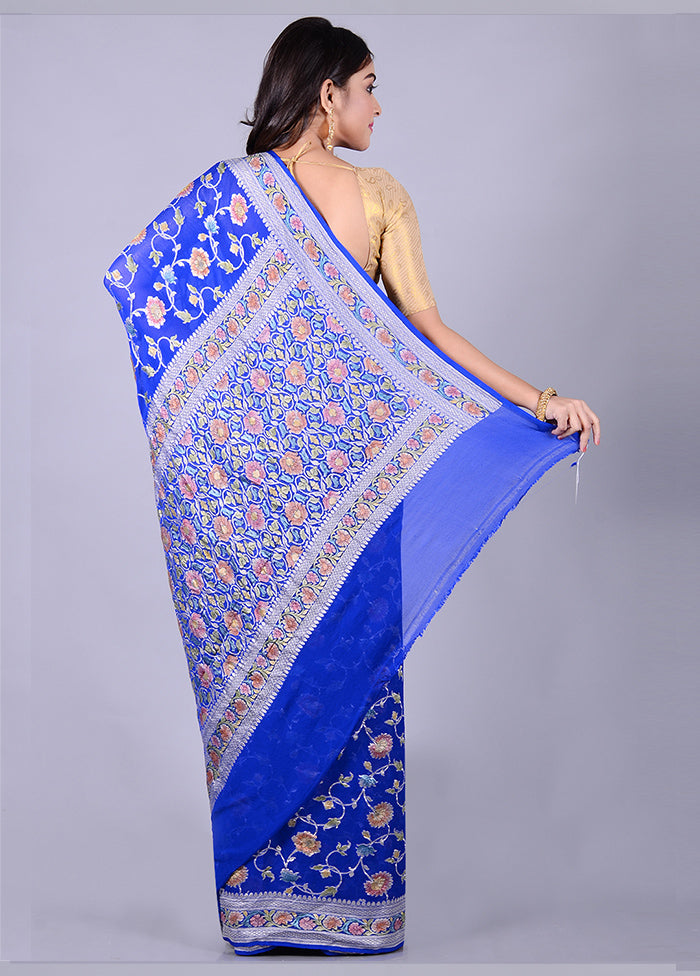 Royal Blue Chiffon Pure Silk Saree With Blouse Piece - Indian Silk House Agencies