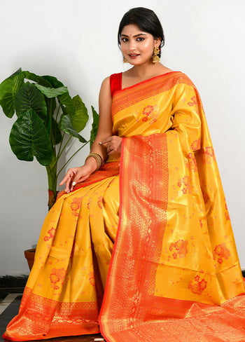 Yellow Zari Woven Spun Silk Saree With Blouse - Indian Silk House Agencies
